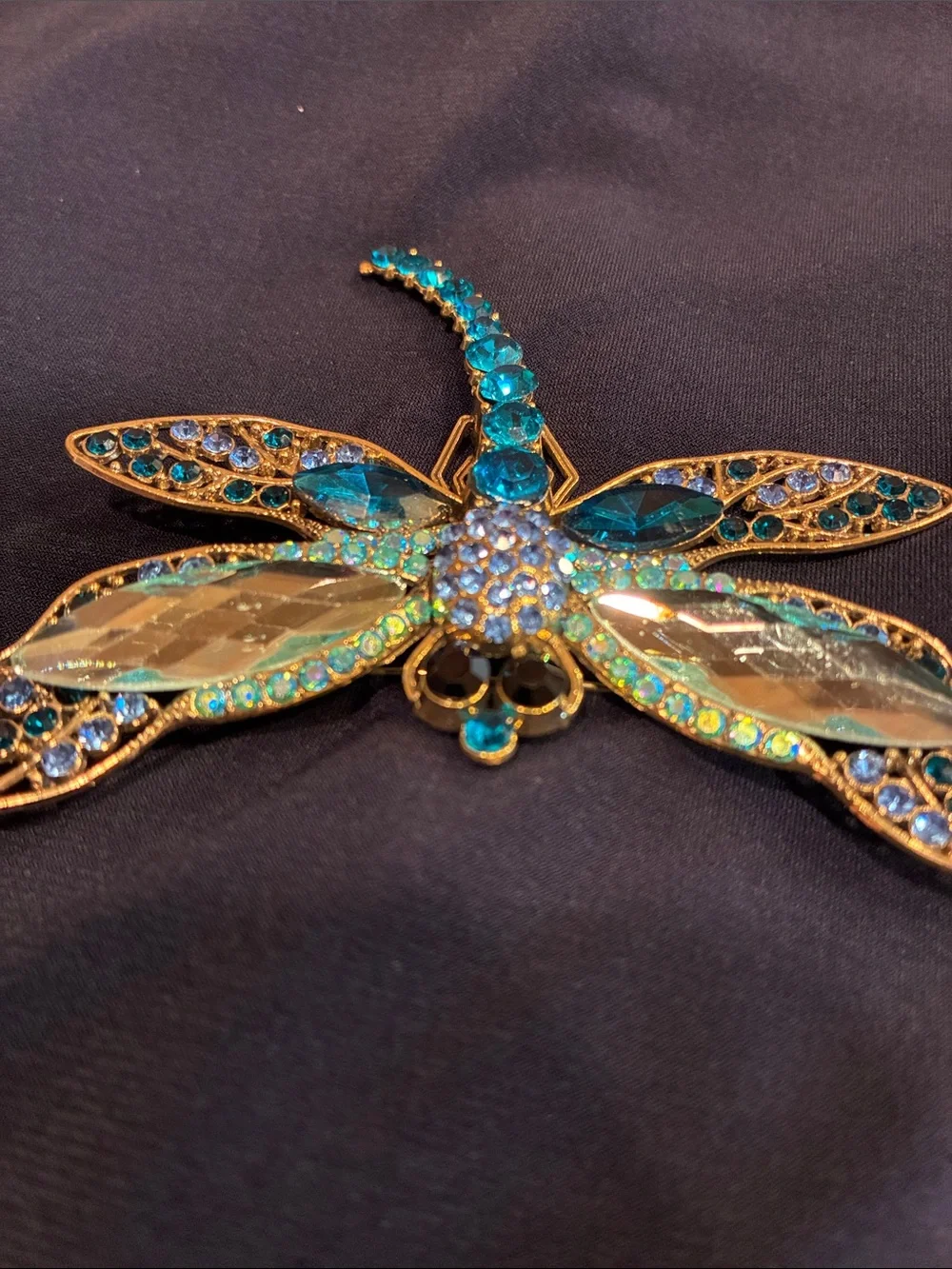 Large Blue Dragonfly Brooch - Rhinestone and Crystal and Gold Tones (ABBA) - Picture 5 of 16